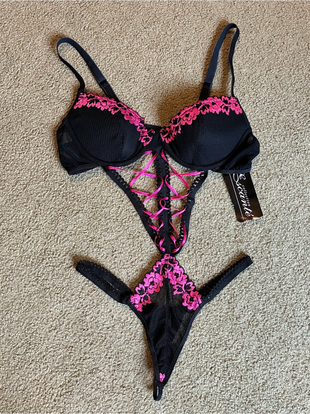 Escante Black & Fuchsia Hot Pink Lace-Trim Push-Up Teddy Bodysuit NWT Lingerie